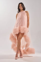 ARI TULLE RUFFLE HIGH LOW MINI DRESS IN BLUSH