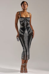 AURA RHINESTONE MESH PRINTED MIDI DRESS