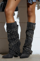 CENSORED BLACK DENIM BELTED CHUNKY BOOT