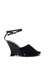 AZALEA WANG FASCIA BLACK FRINGE WEDGE SANDAL