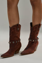 AZALEA WANG NEITH BURNT ORANGE DENIM WESTERN BOOTIE