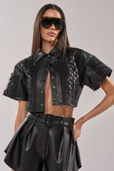 BIKER BRAIDED LEATHER CROPPED BUTTON DOWN