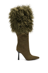 AZALEA WANG VENDRISS OLIVE STILETTO FUR BOOTIE
