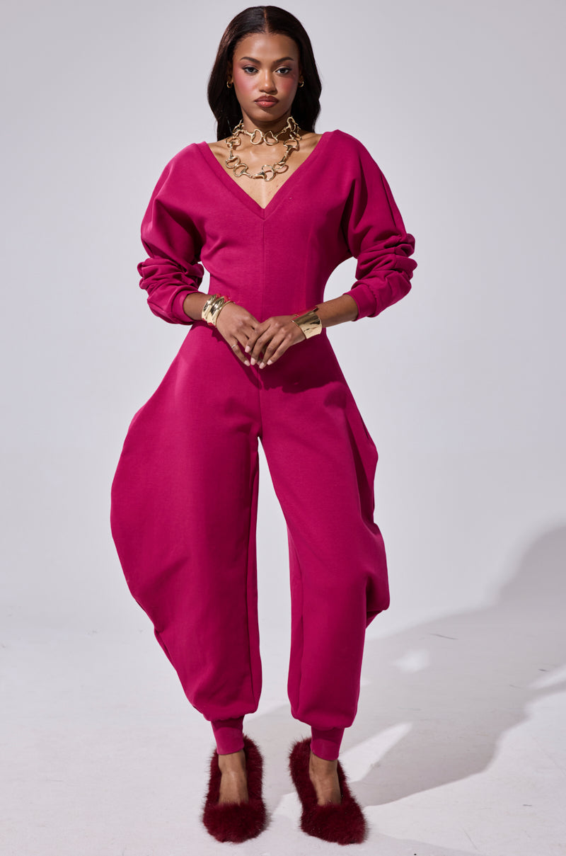 COMFY COZY SWEATSHIRT JUMPSUIT IN PLUM
