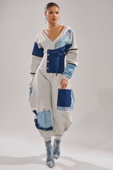 COMFY COZY SWEATSHIRT JUMPSUIT IN PATCHWORK DENIM