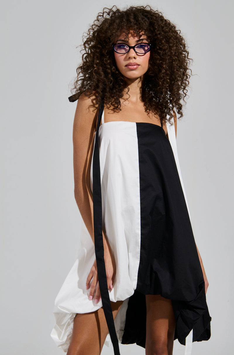 CUTIE GIRL POPLIN MINI BLACK AND WHITE DRESS WITH BOW DETAILS
