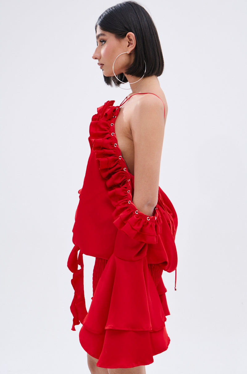 CHIC AF RUFFLE MINI DRESS IN RED