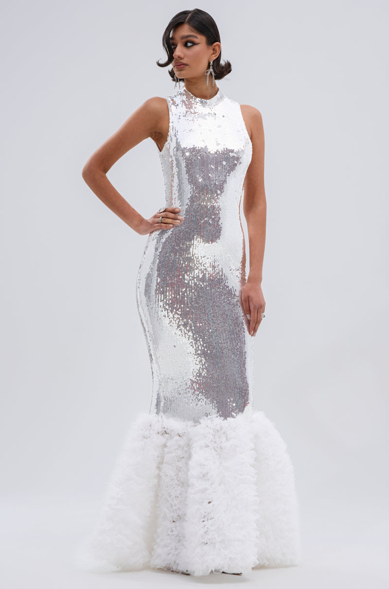 BELLE OF THE BALL SEQUIN RUFFLE MAXI DRESS IN WHITE