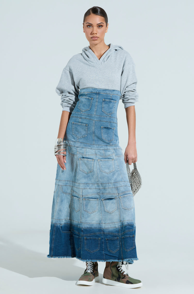 DENIM ON DENIM LAYERED MAXI DRESS WITH HOOD