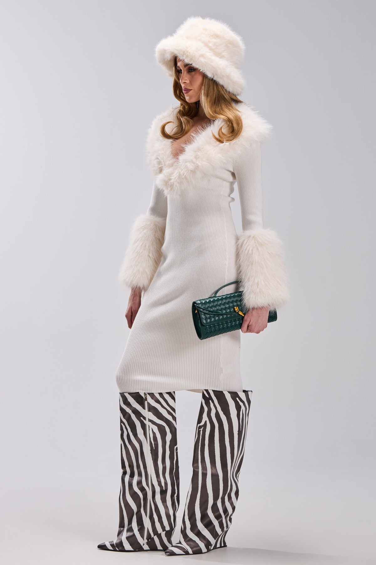 CELINE SWEATER MIDI DRESS WITH FUR TRIM