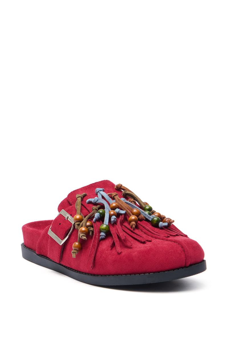 AZALEA WANG ABEILLE BURGUNDY FAUX SUEDE FRINGE CLOG