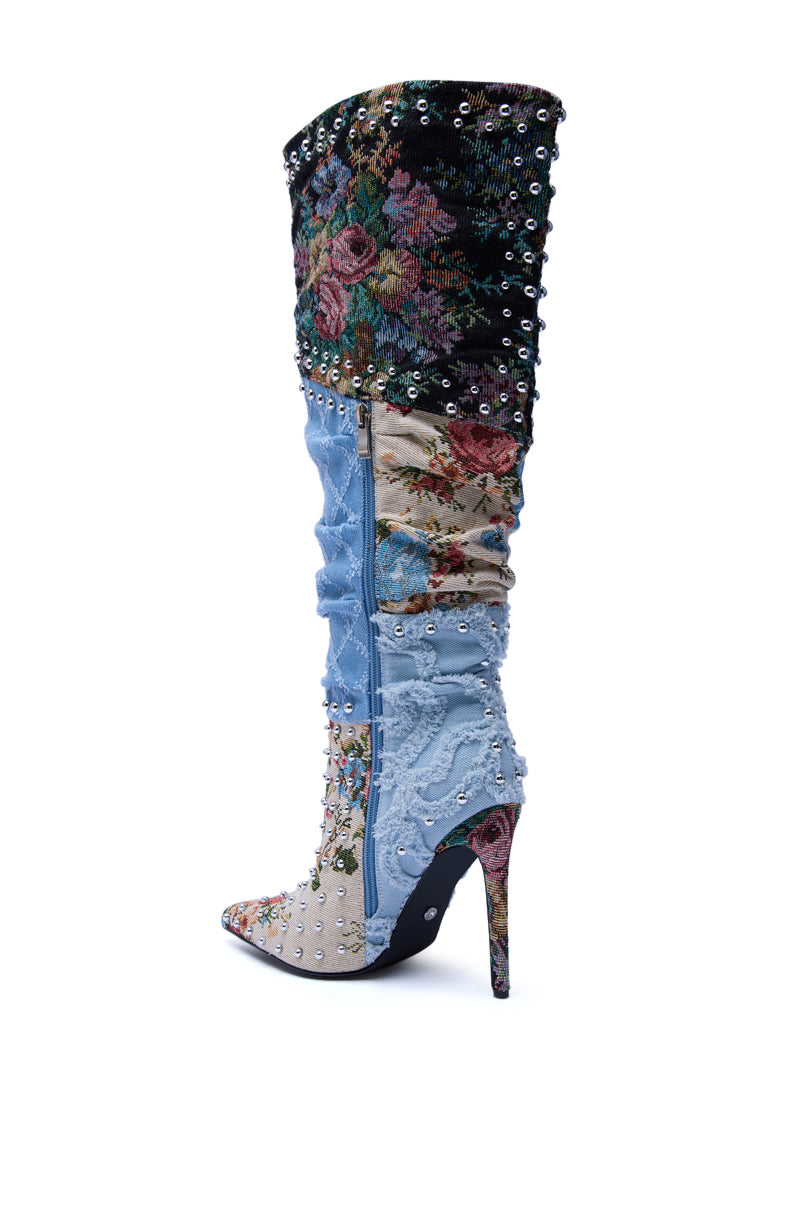AZALEA WANG AILA DENIM MULTI STUDDED POINTED TOE STILETTO BOOT