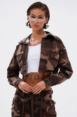 CANT SEE ME BROWN CAMO CROPPED BUTTON DOWN