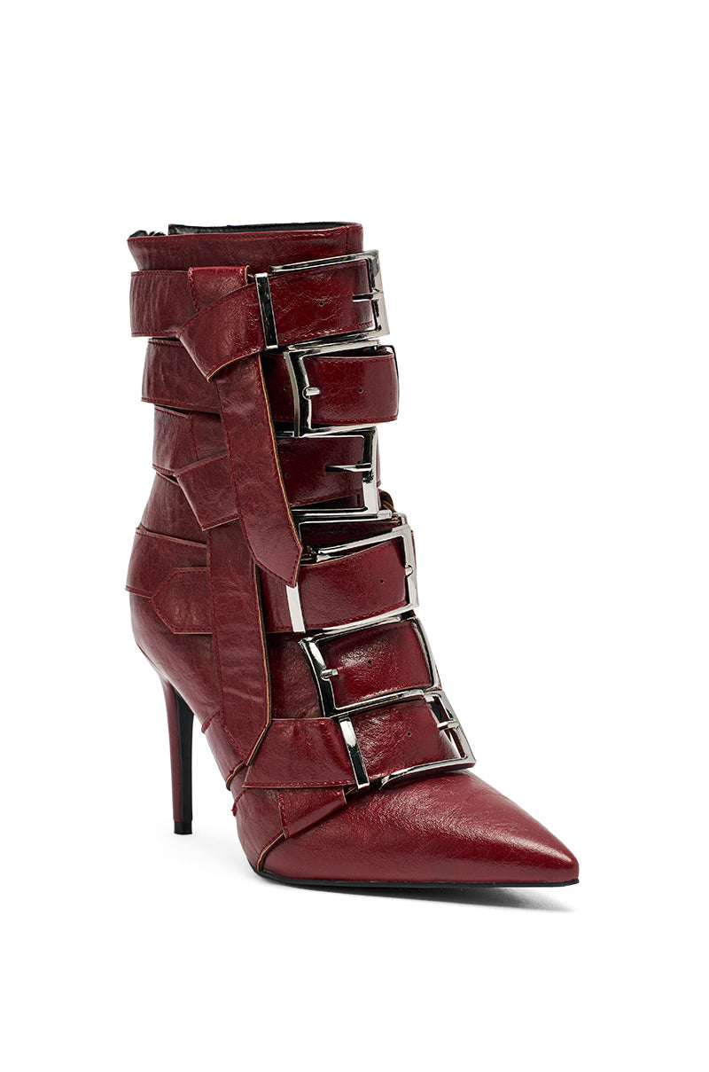 AZALEA WANG ALCETAS RED STILETTO BOOTIE WITH BUCKLES