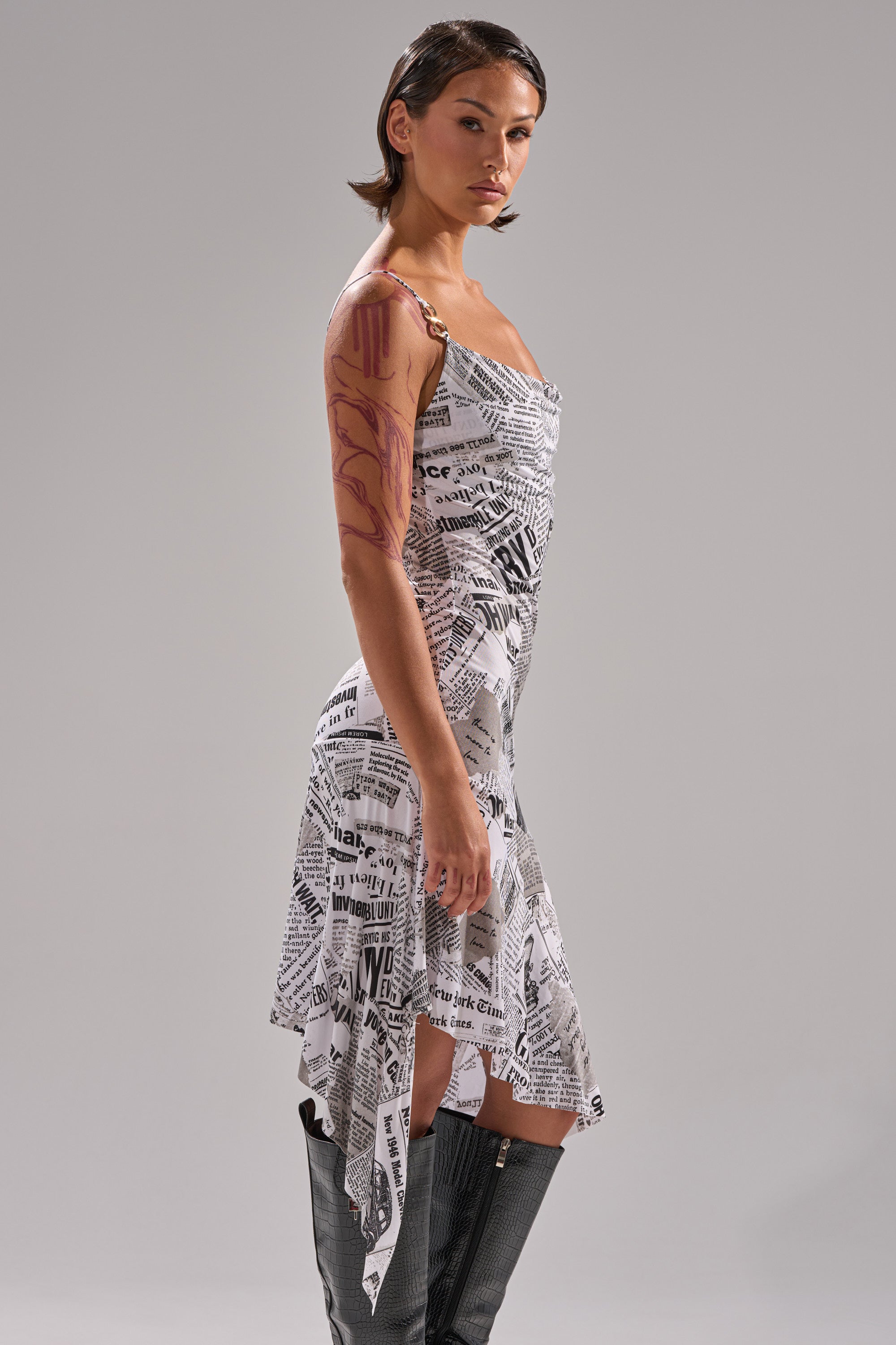 BREAKING NEWS PRINTED MIDI DRESS