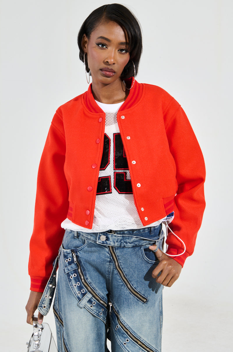 DAVIS EVERYDAY VARSITY BOMBER IN RED