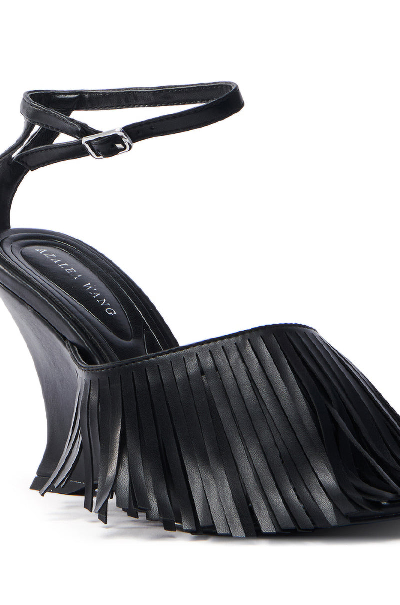 AZALEA WANG FASCIA BLACK FRINGE WEDGE SANDAL