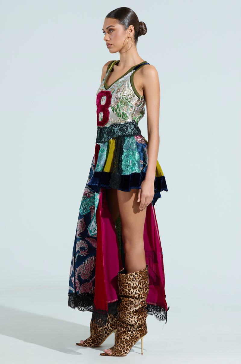 CLEAT CHASER LAYERED JERSEY HIGH LOW DRESS IN BROCADE