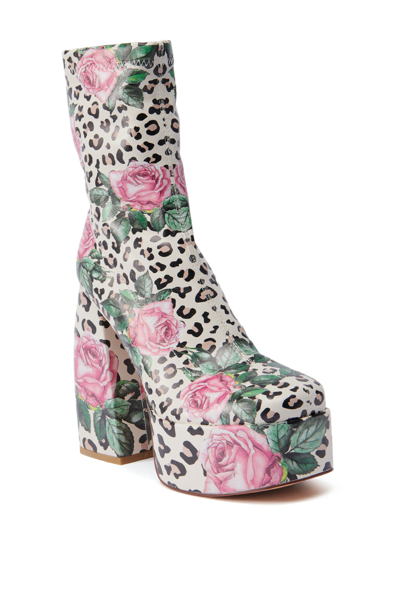 AZALEA WANG HADLEIGH LEOPARD AND FLORAL PLATFORM BOOTIE