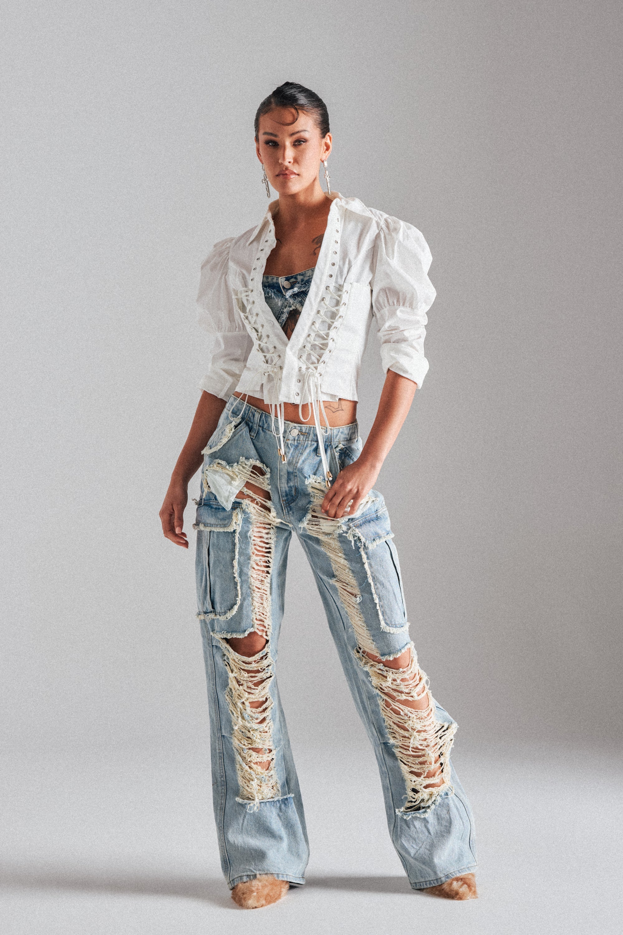 ALMA DISTRESSED DENIM CARGO PANTS