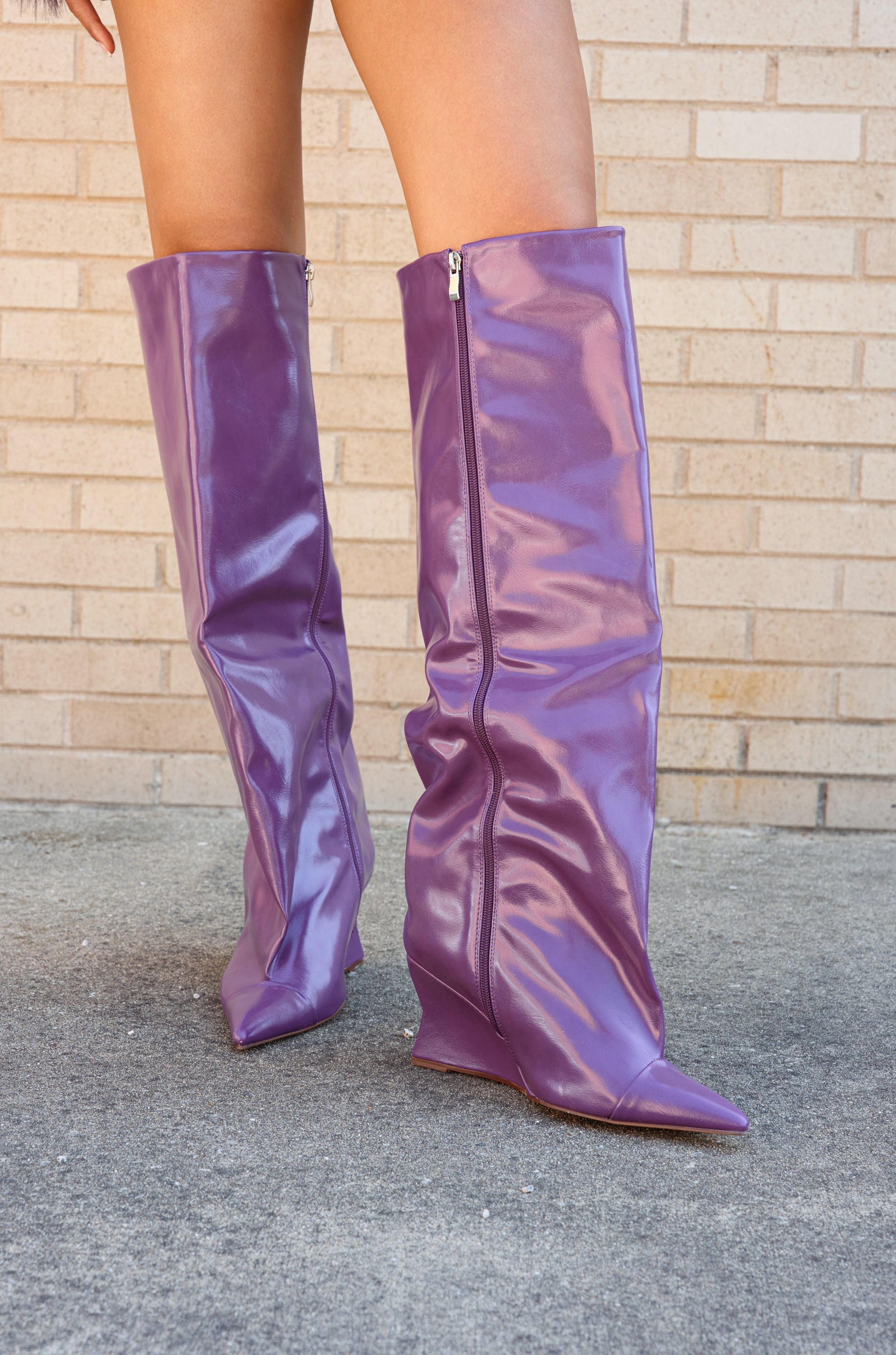 AZALEA WANG KENYA PURPLE KNEE HIGH WEDGE BOOT
