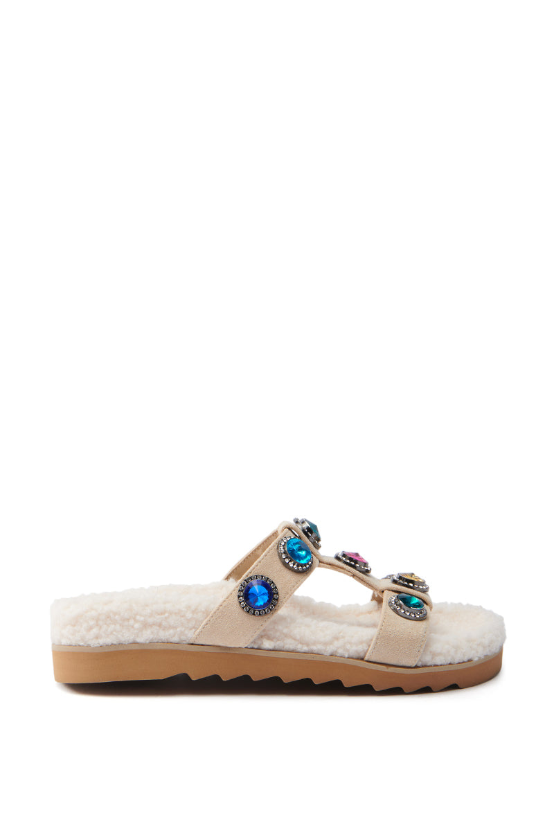 AZALEA WANG LUCIENA BEIGE RHINESTONE AND SHERPA SANDAL