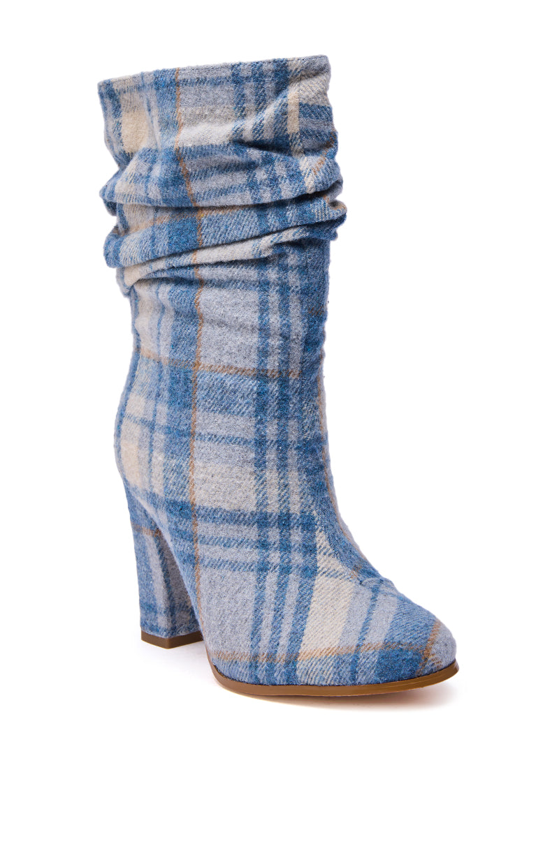 AZALEA WANG MATHAIS BLUE MULTI PLAID ROUND TOE BOOTIE