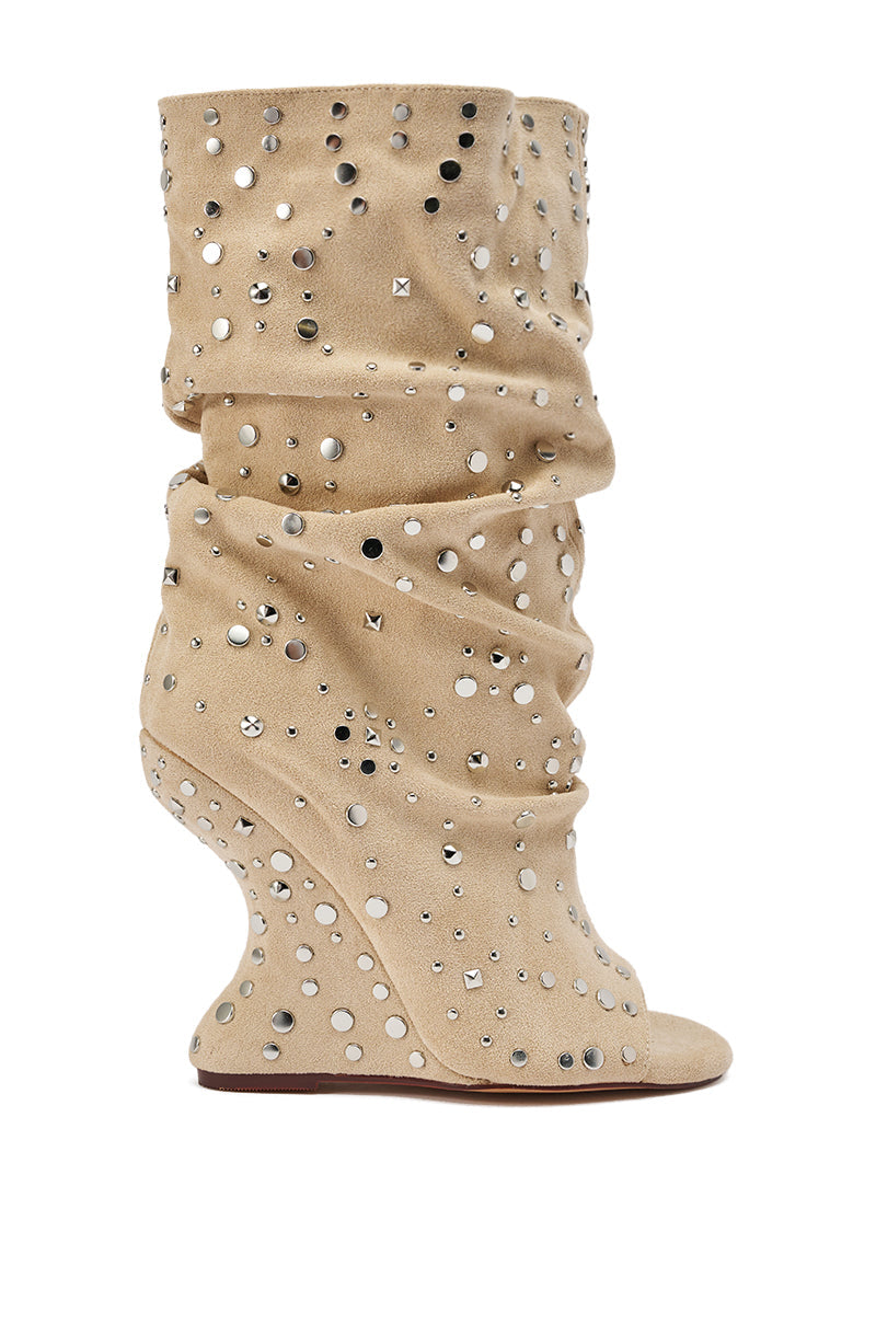 AZALEA WANG NAOMANI FAUX SUEDE BEIGE STUDDED OPEN TOE HEEL