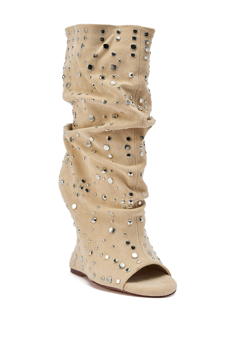 AZALEA WANG NAOMANI FAUX SUEDE BEIGE STUDDED OPEN TOE HEEL