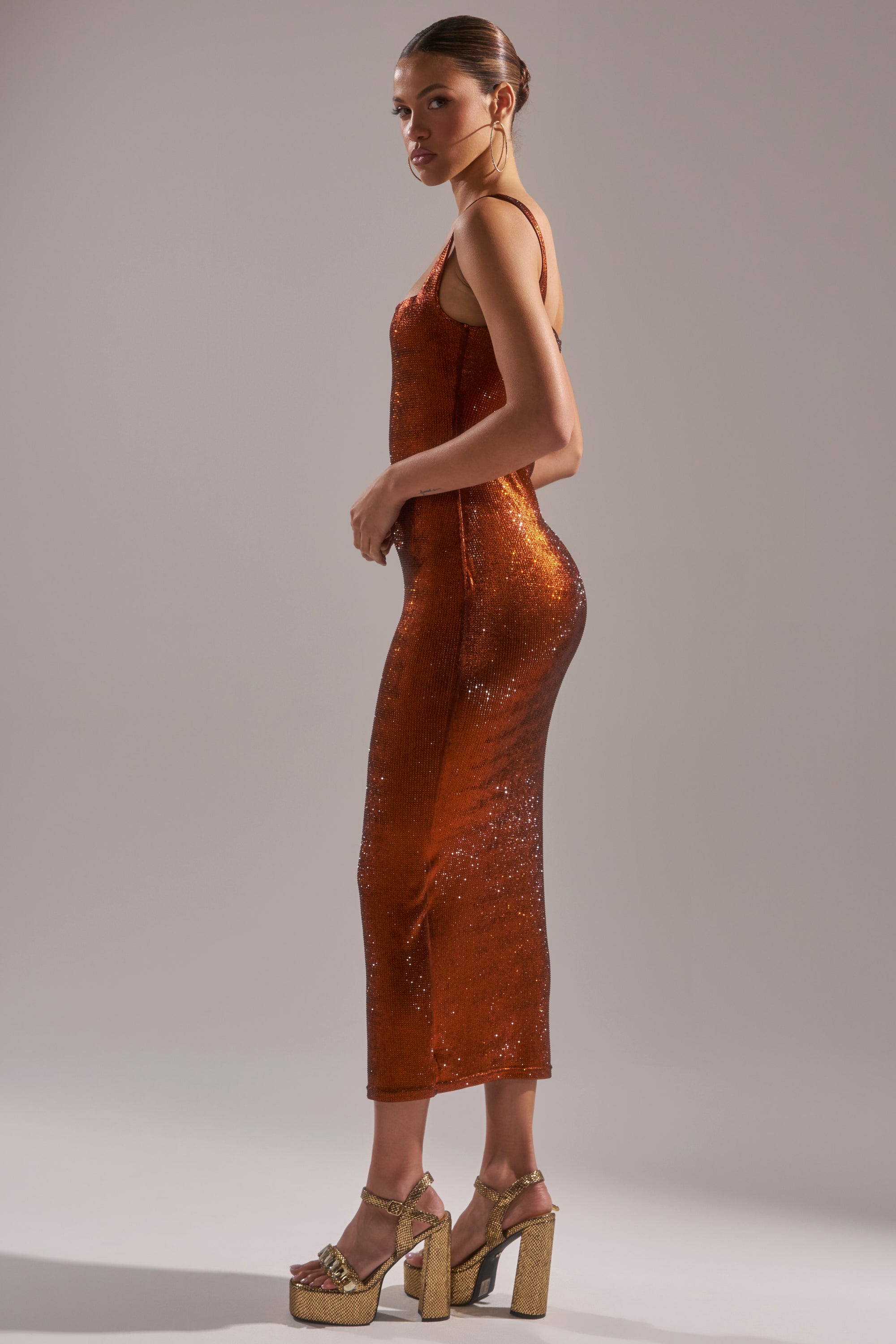 CLASSY BUT SASSY RHINESTONE MIDI DRESS IN RUST