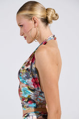 BURNT OUT CRUSHED VELVET FLORAL HALTER TOP