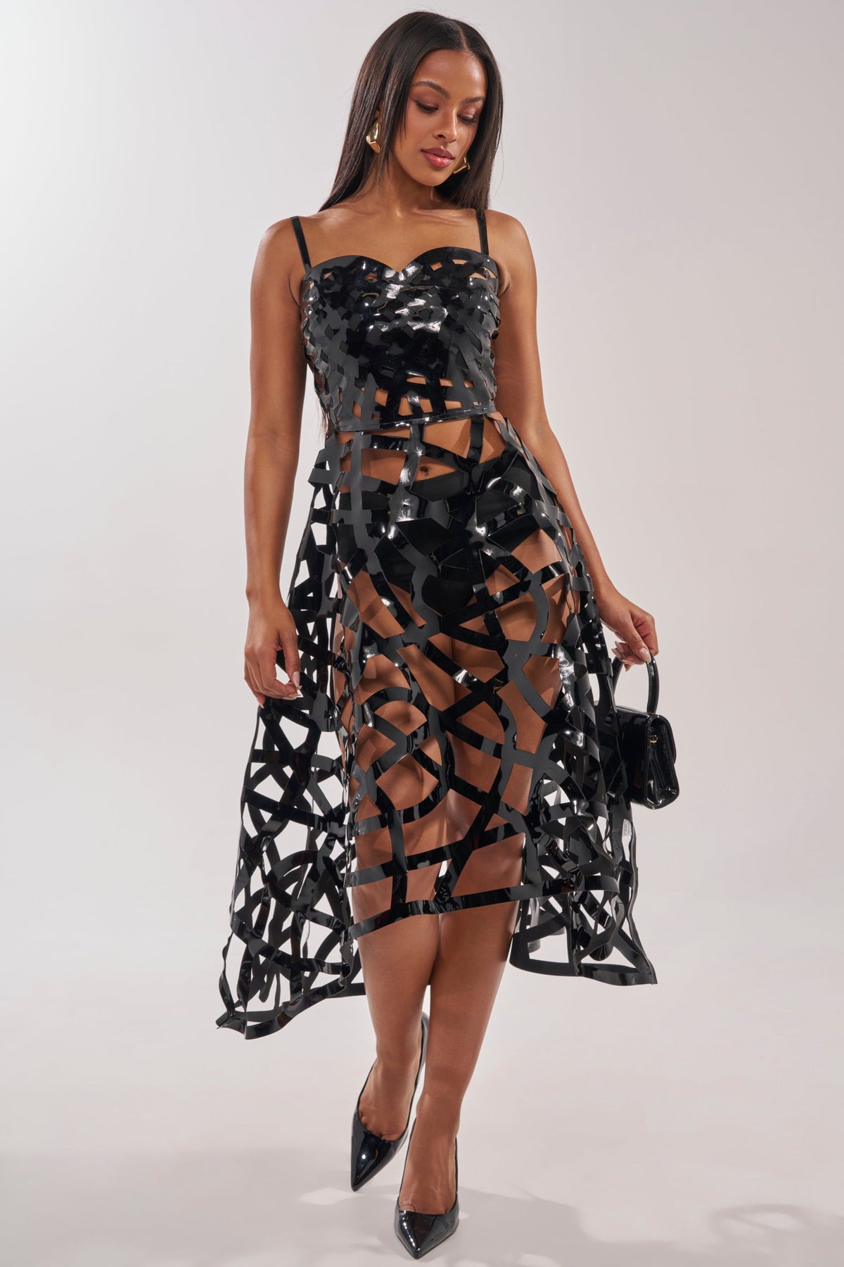CAUGHT YOU SLIPPING CAGED MIDI DRESS