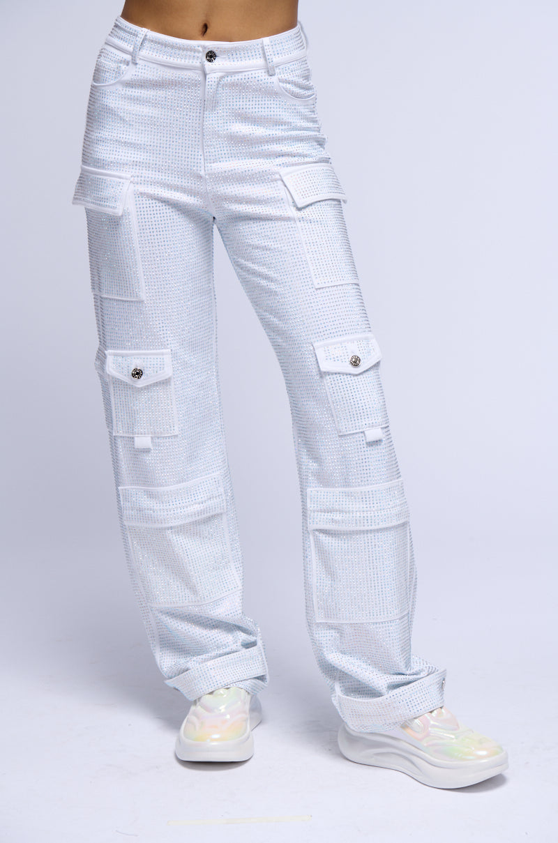 AMMO BONNE SOIREE RHINESTONE CARGO PANTS IN WHITE