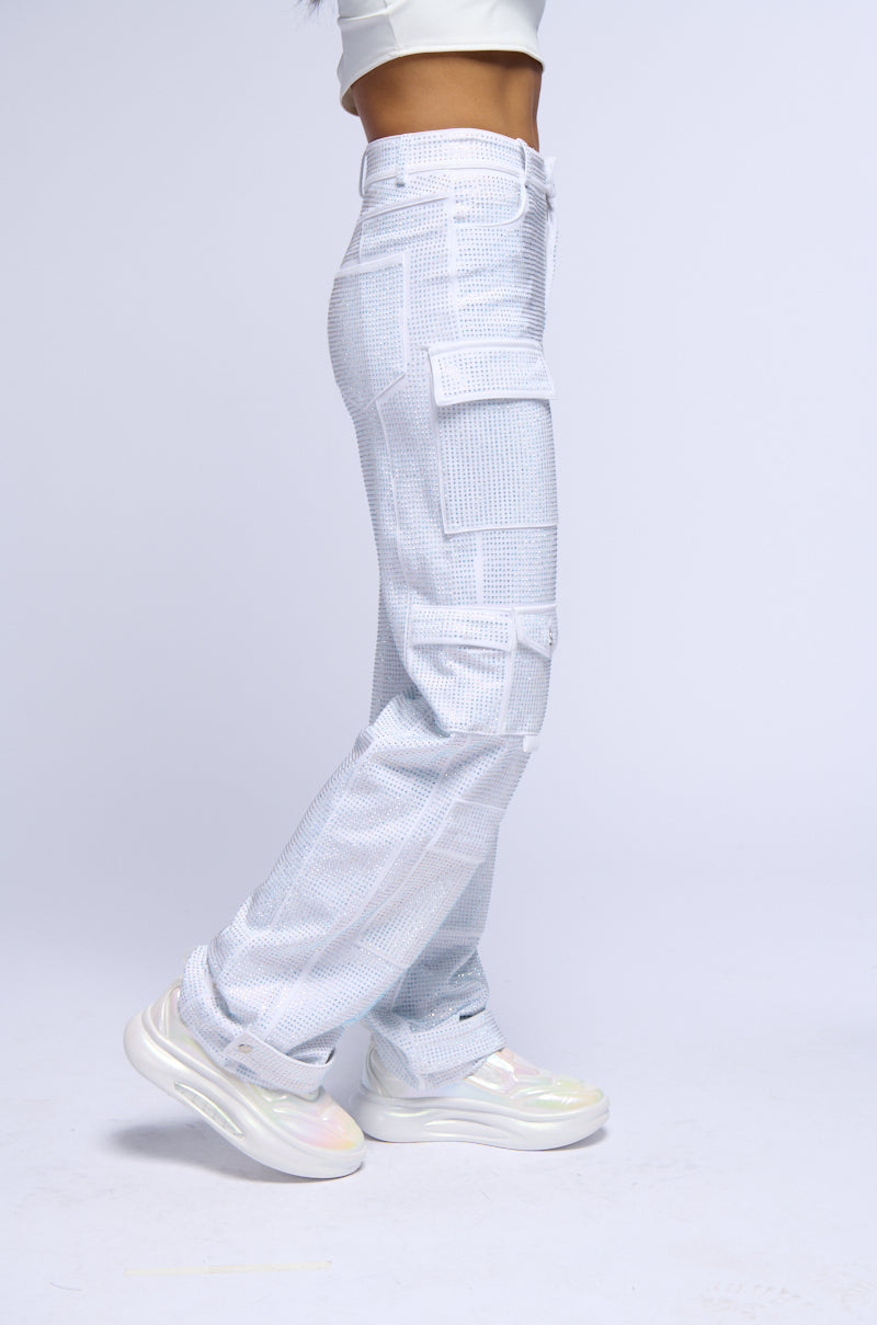 AMMO BONNE SOIREE RHINESTONE CARGO PANTS IN WHITE