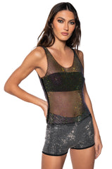 ANGEL SLEEVELESS RHINESTONE MESH TOP IN BLACK