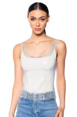 ANGEL VIBES RHINESTONE MESH TANK IN SILVER