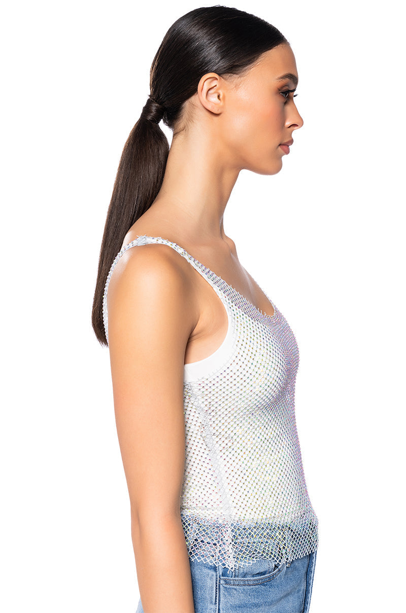 ANGEL VIBES RHINESTONE MESH TANK IN SILVER