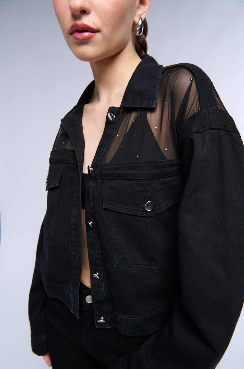 ANOTHER DAY MESH AND GEMS DENIM JACKET
