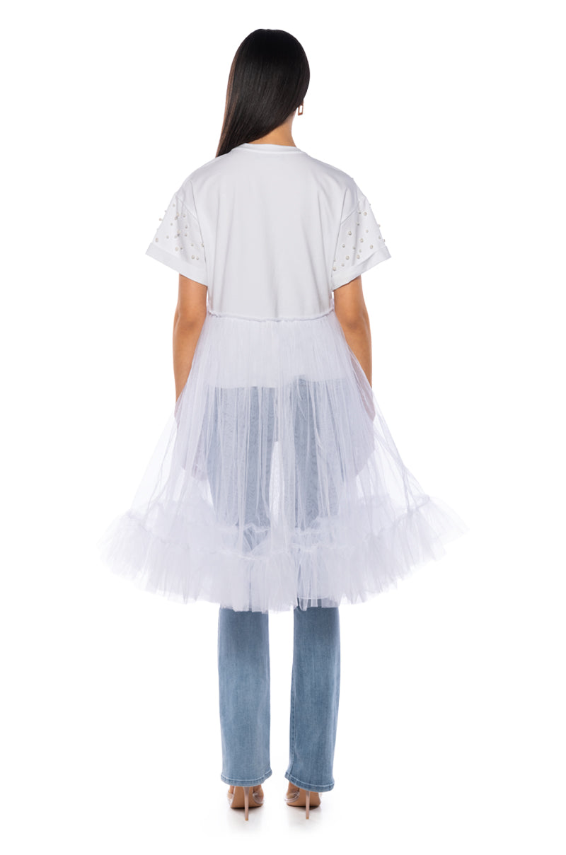 ANOTHER DREAMER EMBELLISHED TULLE T SHIRT IN WHITE