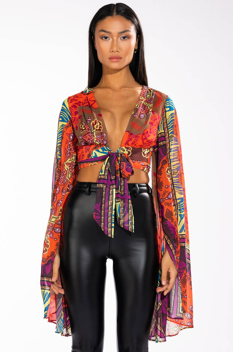 ANYWHERE I GO CROPPED TIE FRONT CHIFFON BLOUSE