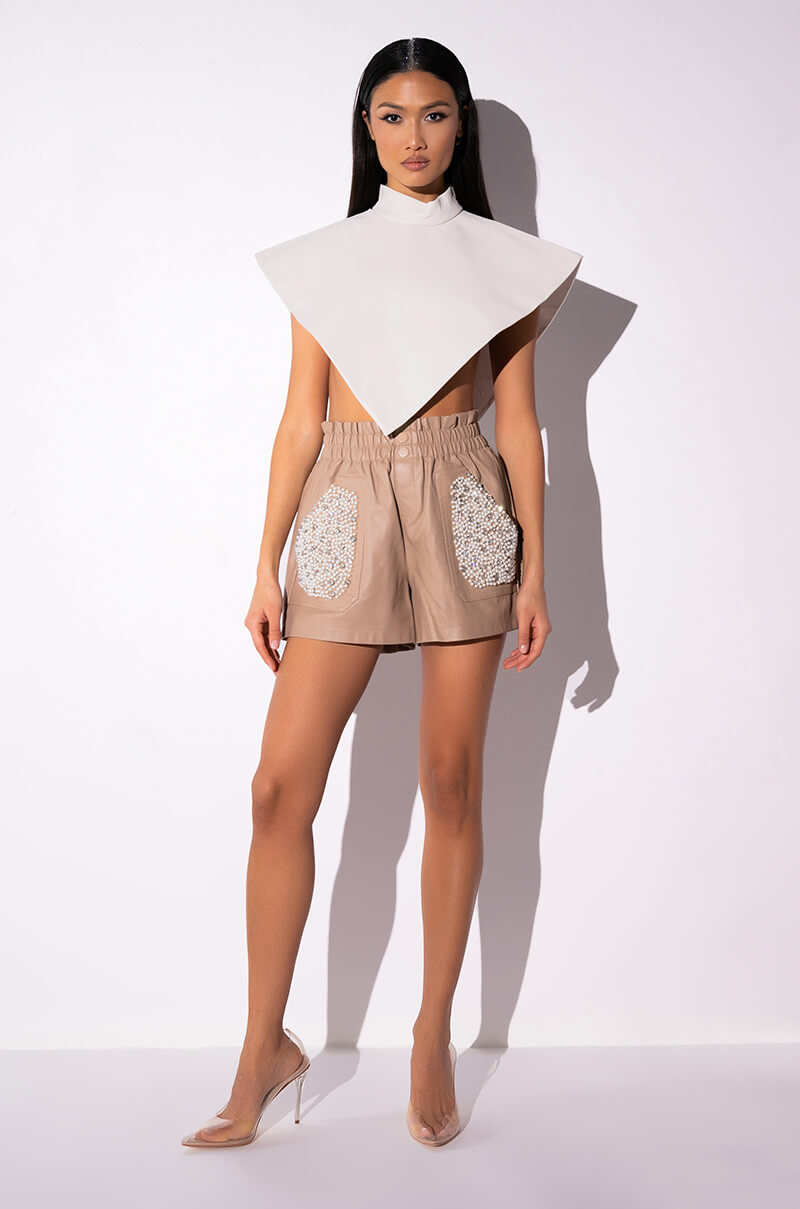 ARIA FAUX LEATHER MOCK NECK TRIANGLE BLOUSE