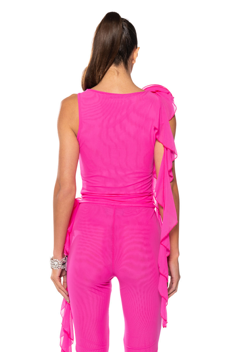 ARIANA FLOUNCED SLEEVELESS MESH TOP