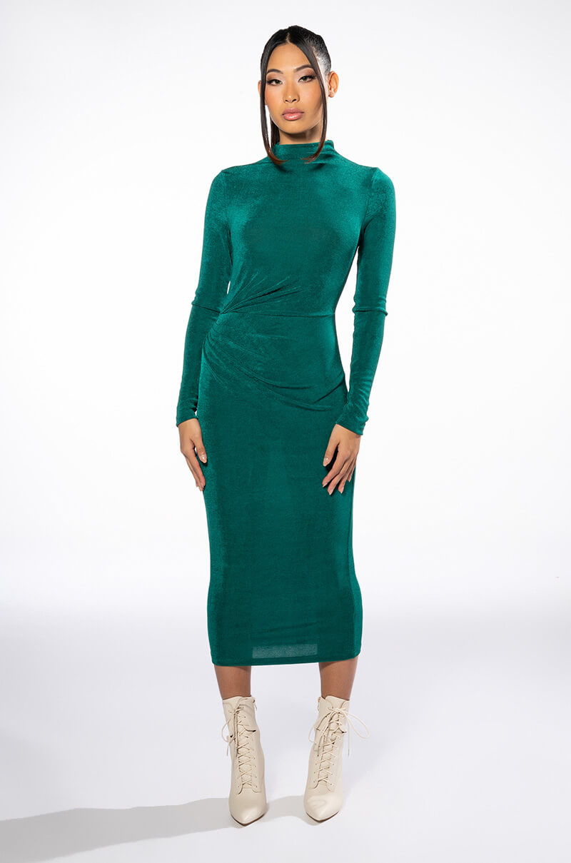 ARIANA RUCHED LONG SLEEVE FUNNEL NECK MIDI DRESS