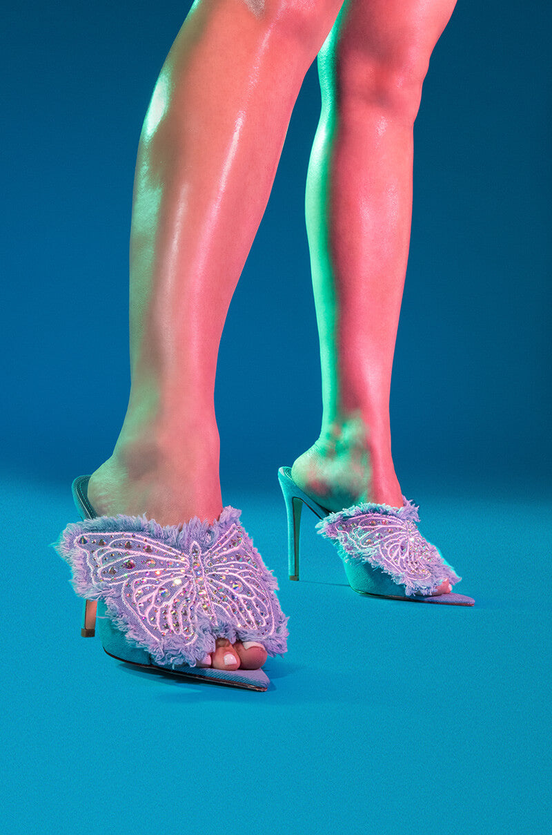 AZALEA WANG ALAYA EMBELLISHED BUTTERFLY STILETTO SANDAL IN DENIM
