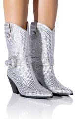 AZALEA WANG FEDERICA EMBELLISHED WEDGE BOOTIE IN SILVER