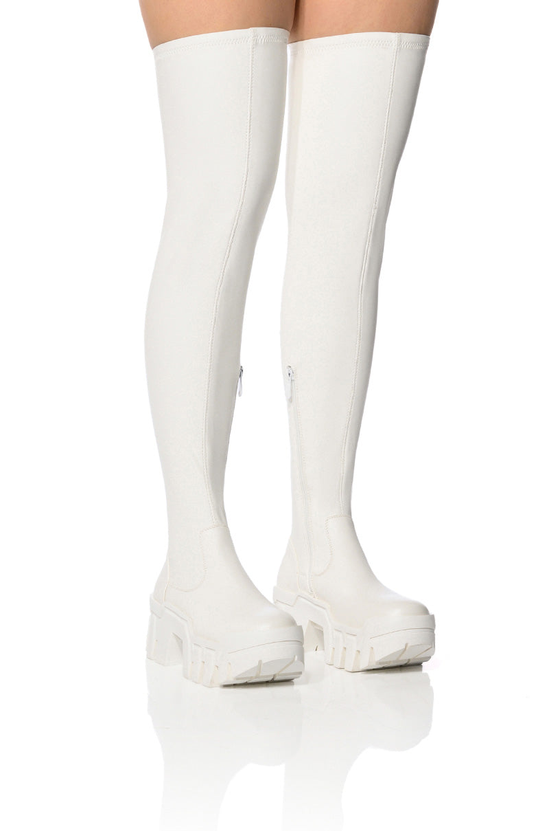 AZALEA WANG FAVORED STRETCH PU THIGH HIGH BOOT IN WHITE