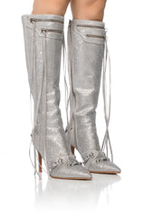 AZALEA WANG MAEVE STILETTO BOOT IN EMBELLISHED SILVER