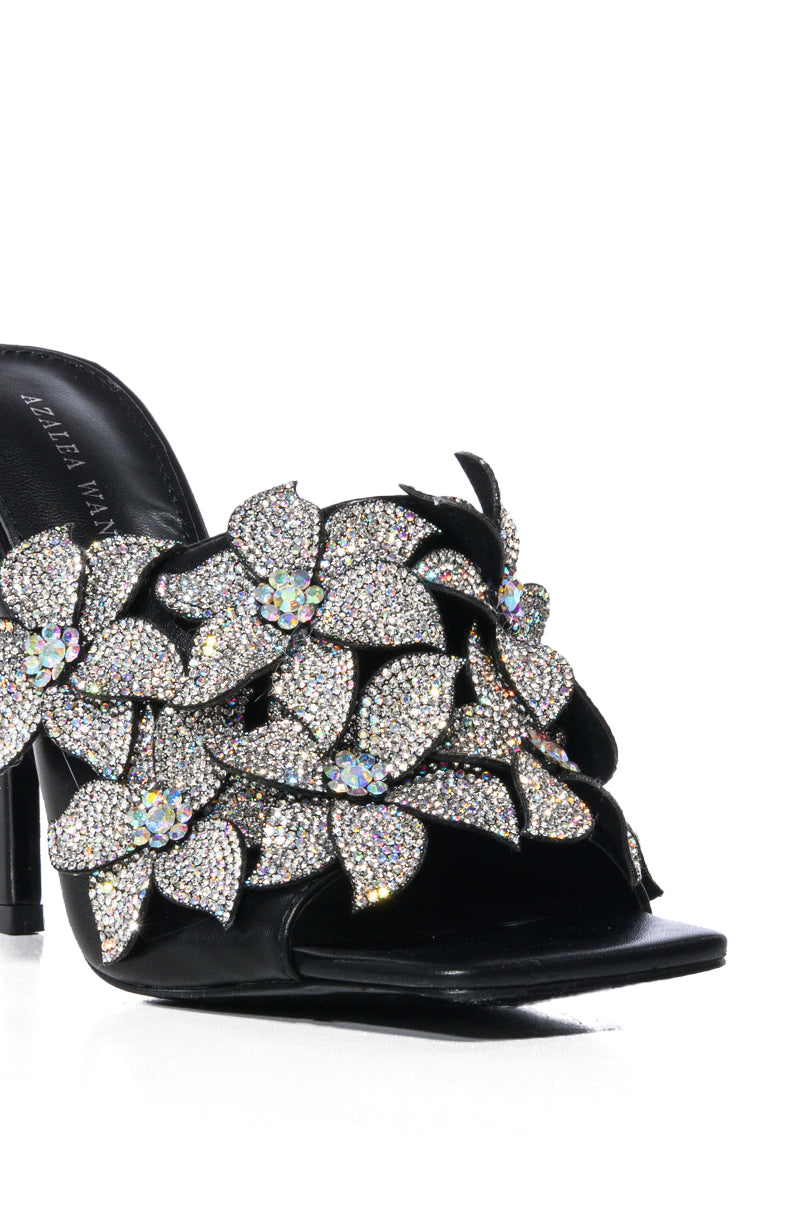 AZALEA WANG LENA EMBELLISHED FLOWER SLIP ON SANDAL IN BLACK
