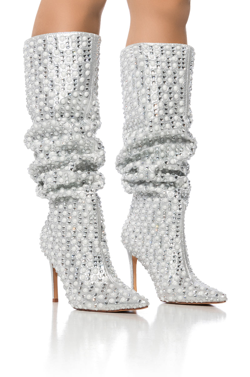 AZALEA WANG LYNLEE SILVER PEARL EMBELLISHED BOOT