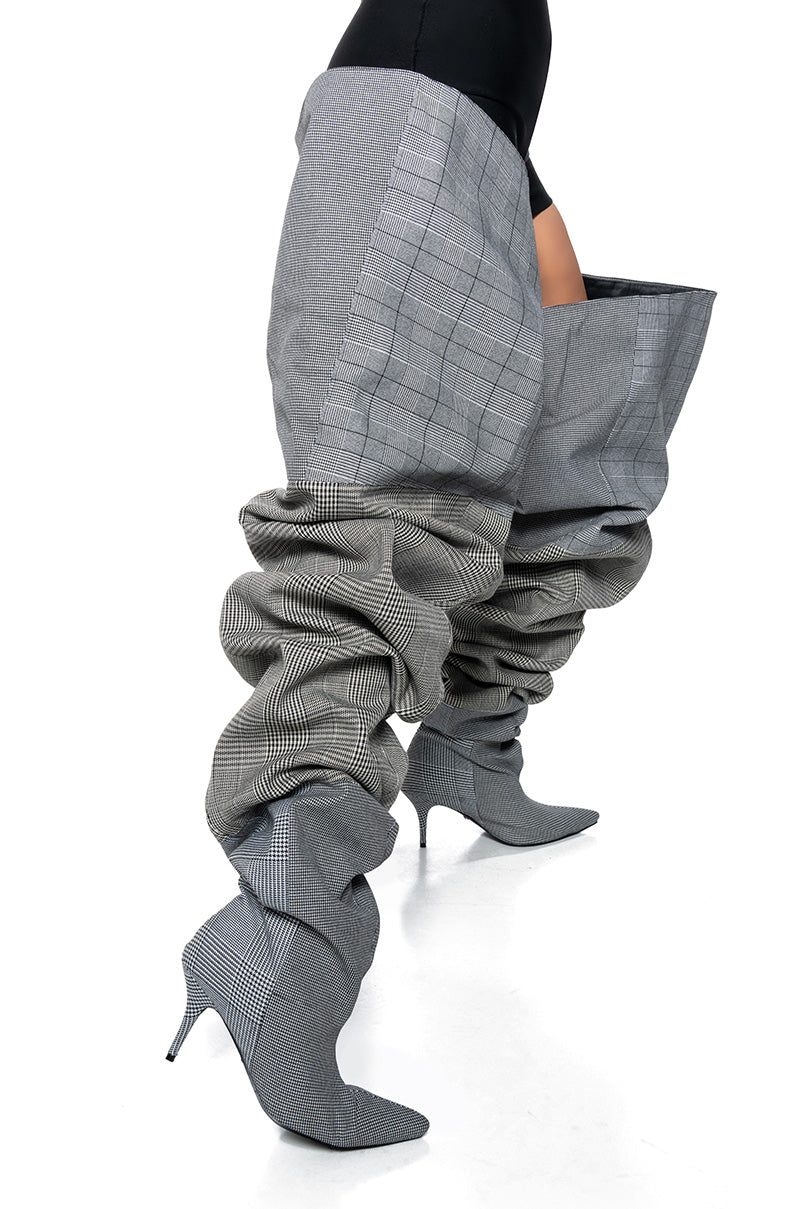 AZALEA WANG NEMY PLAID KITTEN HEEL THIGH HIGH BOOT